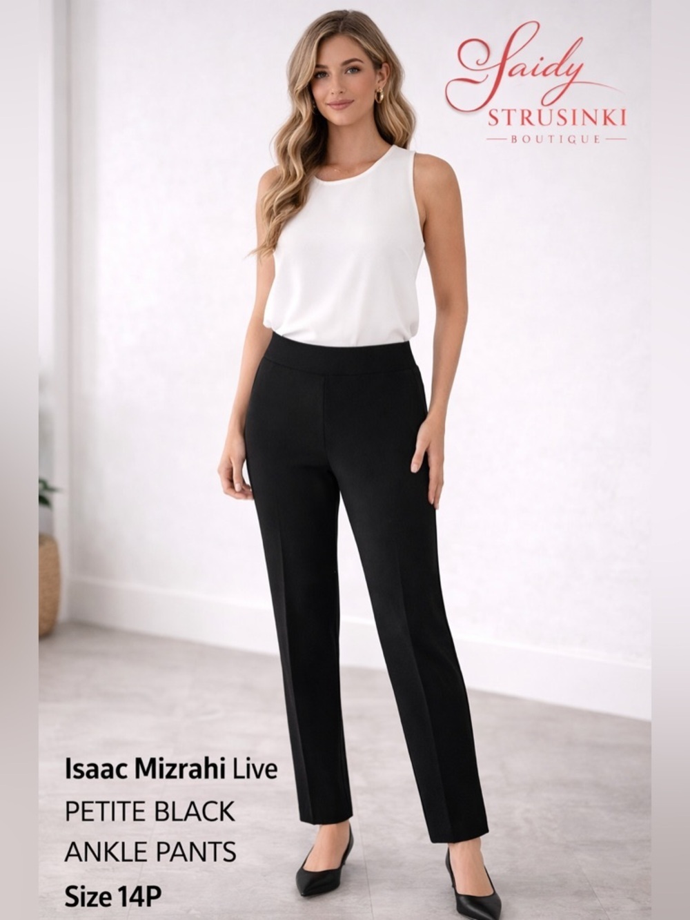 Isaac Mizrahi Live Black Pants Elastic Waist Stretch Ankle Size 14P Petite